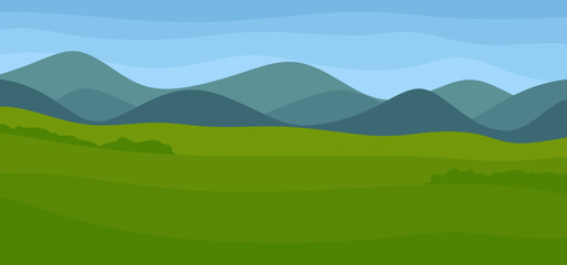 Panoramic landscape with mountains, hills and blue sky. Horizontal nature background for banner and poster. Empty green field with trees. Flat cartoon vector illustration