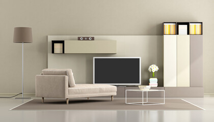 Modern living room with chaise lounge and tv unit - 3d rendering