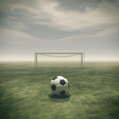 Soccer ball on a green grass and football gate empty. This is a 3d render illustration