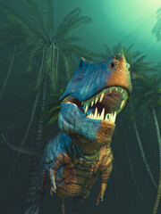Dino dinosaurs with large fangs in a forest. This is a 3d render illustration