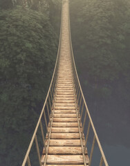 Rope bridge suspended between mountains. This is a 3d render illustration.