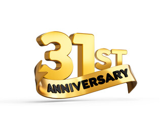 31st or Thirty first anniversary in gold on white background with shadow. 3d illustration