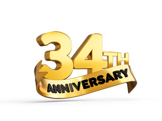 34th or Thirty fourth anniversary in gold on white background with shadow. 3d illustration