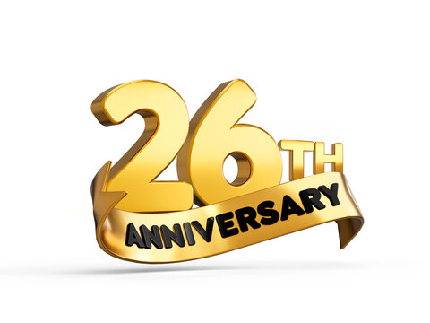 26th or twenty sixth anniversary in gold on white background with shadow. 3d illustration