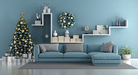 Blue modern living room with christmas tree,elegant sofa and white shelf with decor objects - 3d rendering