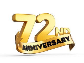 72nd or Seventy Second anniversary in gold on white background with shadow. 3d illustration