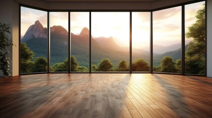 Light empty modern room with a mountain landscape in the window. AI generation