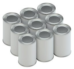 Group of metal tin cans with white paper labels on white background. 3d illustration. Mockup template ready for your design