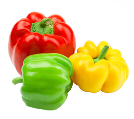 Three Perfect Ripe Shiny Red Bell Peppers isolated on White background