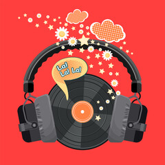 Vinyl record with studio headphones put on top surrounded by flowers, stars and clouds. Poster, cover, title page. Red background. Vector illustration