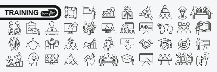 Set of  line icons related to training, coaching, mentoring, education, meeting, conference, teamwork. Outline icon collection. Editable stroke. Vector 