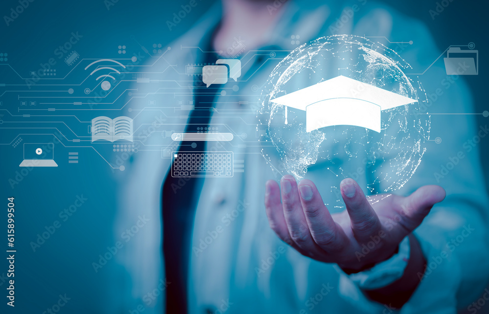 Aufkleber Concept of Online education. man use Online education training and e-learning webinar on internet for personal development and professional qualifications. Digital courses to develop new skills..
