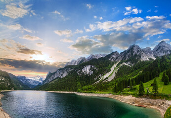 Beautiful summer Alpine lake Gosausee sunset view (Austria). Two shots stitch panorama.