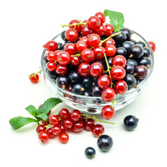 Glass vase with black and red currant isolated on white background
