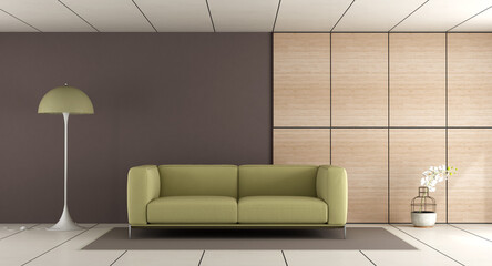Contemporary living room with green sofa,brown wall and wooden paneling - 3d rendering