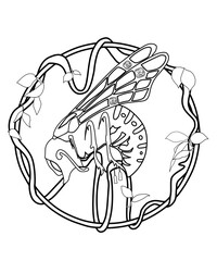 A bee in round vine Art nouveau style silhouette for line tattoo