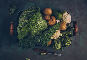 Fresh organic raw vegetables savoy cabbage, cauliflower, potatoes, artichokes and broad beans. Bio Healthy food - obrazy, fototapety, plakaty