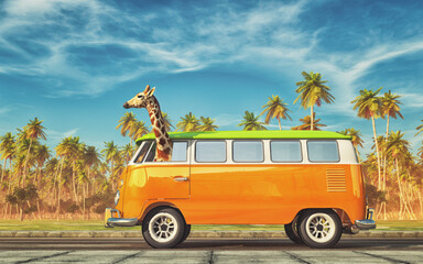 Giraffe by car on highway. This is a 3d render illustration