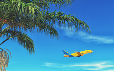 Flying yellow airplane up a tall palm tree in a cloudy sky. This is a 3d render illustration
