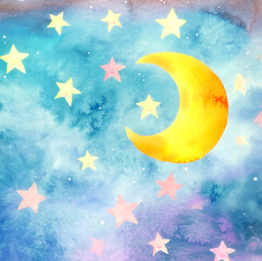 Obraz na płótnie Canvas illustrazione generative ai con spicchio di luna e stelle su cielo blu, acquerello in colori pastello