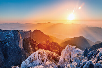 Sunrise above the mountain peaks of Huangshan National park. China.