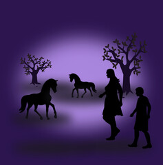 Two horses and a woman and a boy in the twilight.