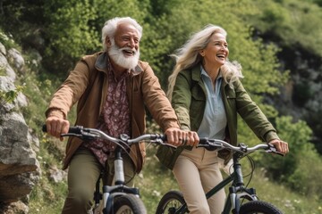 Happy older couple explores nature by bike. 