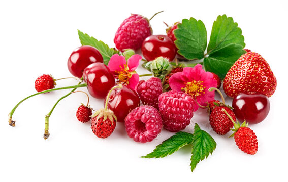 Fresh berry raspberry strawberry healthy food cherry with green leaf still life, isolated on white background.