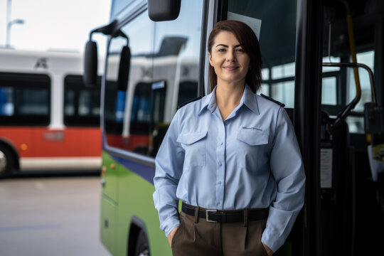 Woman in shirt and trousers standing in front of a bus, female public transport driver. Generative AI