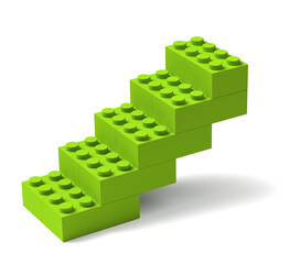 Stairs made of green toy building blocks 3D, advance progress growth concept