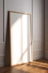 Minimal mockup of simple vertical wooden picture frame in a pastel light colored interior on wooden floor. Generative AI photo imitation.