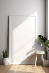 Minimal mockup of simple vertical wooden picture frame in a pastel light colored interior, white wall. Front view. Generative AI photo imitation.