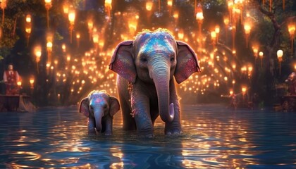 Mother elephant and baby cross the river