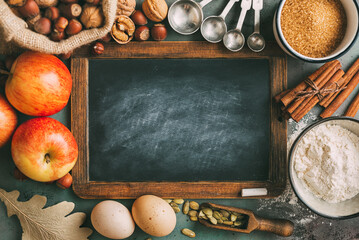 Empty chalkboard for writing recipes and ingredients for baking, top view