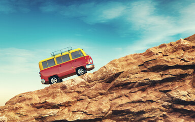 Red car up the mountain. This is a 3d render illustration