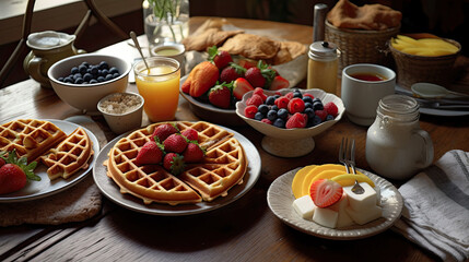 some breakfast foods on a table with milk, eggs, strawberries, and other food items in the background