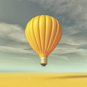 Conceptual image with a yellow light bulb in the form of hot air balloon. This is a 3d render illustration