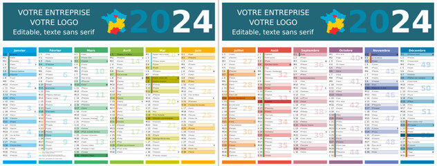 Calendrier 2024 12 mois au format 320 x 420 mm recto verso entièrement modifiable via calques et texte sans serif