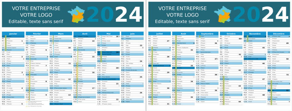 Calendrier 2024 12 mois au format 320 x 420 mm recto verso enti&egrave;rement modifiable via calques et texte sans serif