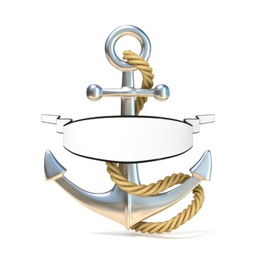 Steel anchor with rope and blank ribbon. 3D render illustration.isolated on white background