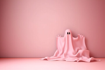 pink background with pink ghost with copy space. Copy space, Halloween holiday