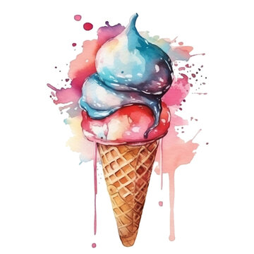 Delicious tasty ice cream. Watercolor illustration. Dessert, delicacy, sweet. To create postcards, posters for printing, prints. Generated AI.