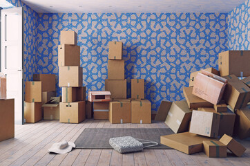 the heap of the cardboard boxes in the room. 3d concept
