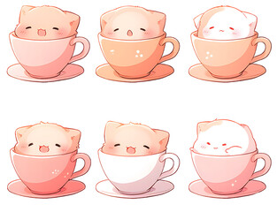 set of cute cat in coffee cup generate with AI