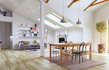 Attic floor design.3d illustration concept