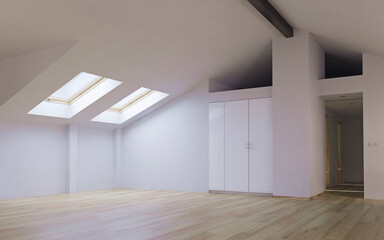 The attic floor. Nobody and  clean. 3d rendering