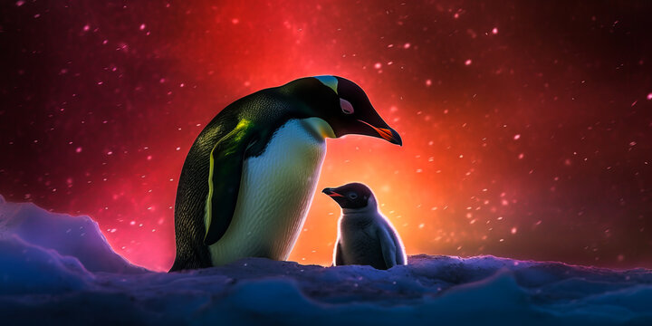 Stunning image of a caring penguin mother guarding her chick amidst an Antarctic snowstorm, highlighted by vivid red aurora borealis that captivates emotions. Generative AI