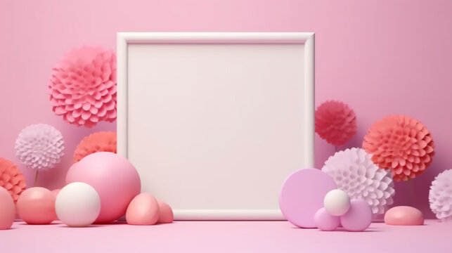 Festive Empty white picture frame mockup hanging on wall with balloon background for birthday or celebration date. Art, poster display banner for ecommerce marketing. Generative AI