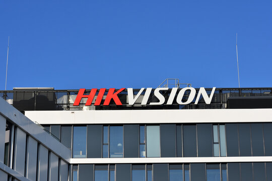 Hikvision logo, sign on the facade of Hikvision Poland, Chinese video surveillance equipment. WARSAW, POLAND - JUNE 5, 2023