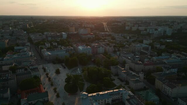 downtown plac litewski, city square and park at sunset, Lublin, Poland